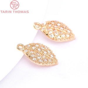 10PCS 8x12MM 24K Brass Zircon Leaf Charms Pendants Jewelry Findings