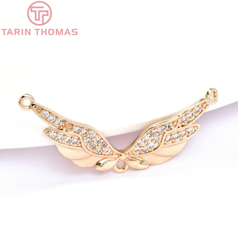 6PCS 31.5x13MM 24K Brass Zircon Wing Charms Pendants DIY Jewelry Findings
