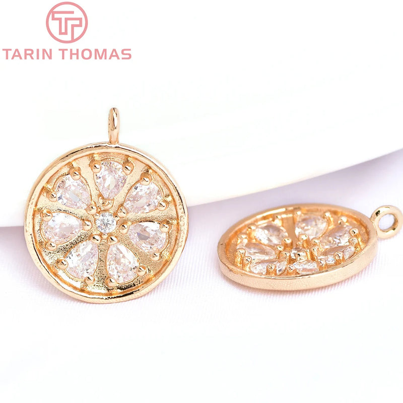 6PCS 16MM 24K Brass Zircon Flower Charms Pendants DIY Jewelry Making