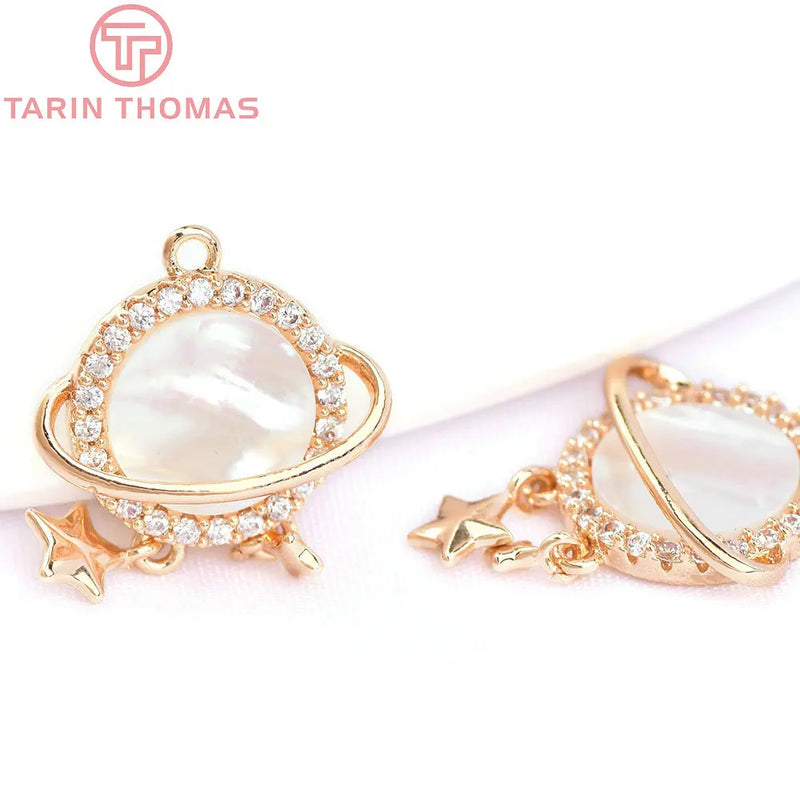2PCS 17MM 24K Brass Zircon Planet Charms Pendants Jewelry Findings