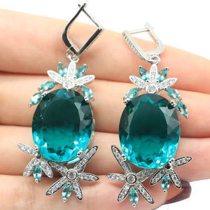 European Long Big Aquamarine Pink Morganite CZ Silver Earrings