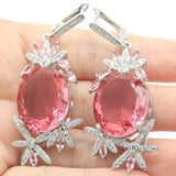 European Long Big Aquamarine Pink Morganite CZ Silver Earrings