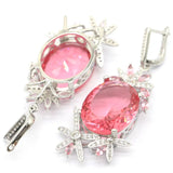 European Long Big Aquamarine Pink Morganite CZ Silver Earrings