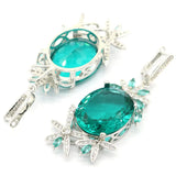 European Long Big Aquamarine Pink Morganite CZ Silver Earrings