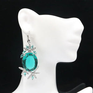 European Long Big Aquamarine Pink Morganite CZ Silver Earrings