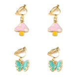 'Pixie Pop' Gold Plated Cute Colourful Pink Mushroom & Green Butterfly Charm Clip-On Dangle Earrings for Girls & Teens