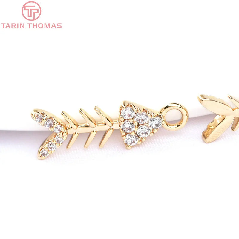 4PCS 6x15.5MM 24K Brass Zircon Fish Bone Charms Pendants DIY Jewelry Findings