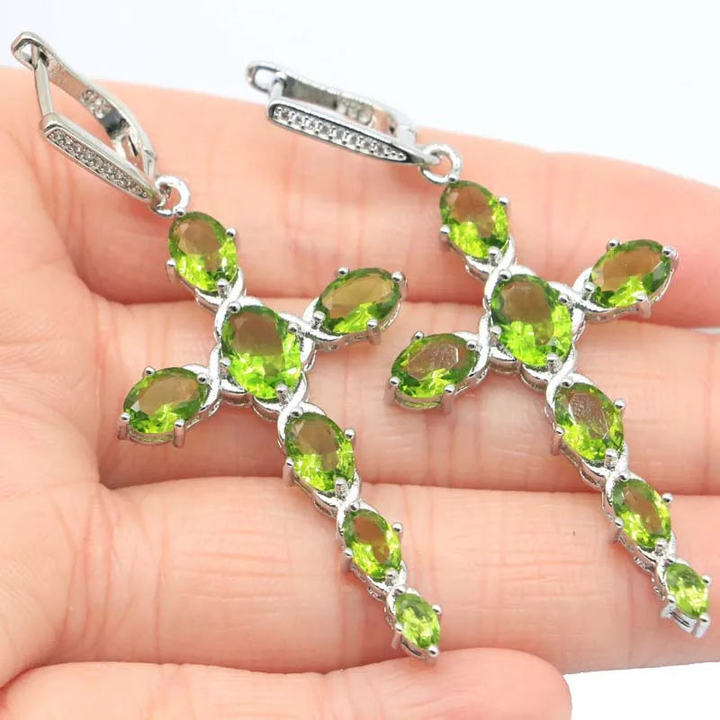 Cross Shape Green Peridot CZ Silver Earrings for Ladies