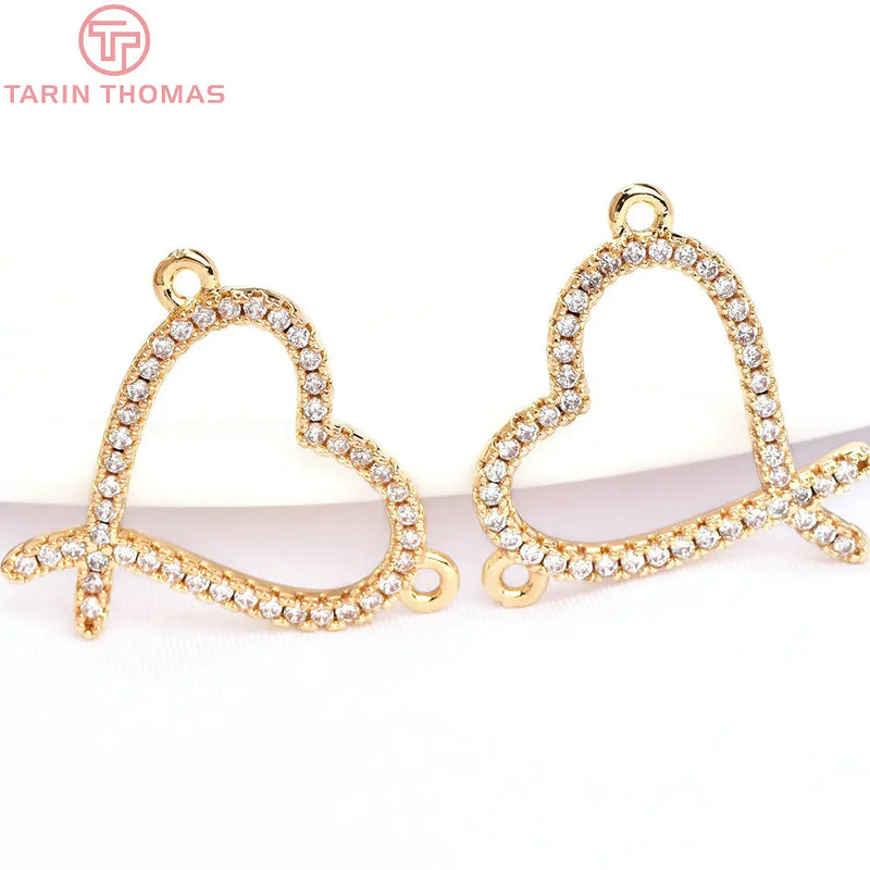 4PCS 18x19MM 24K Brass Zircon Heart Charms Pendants DIY Jewelry Findings
