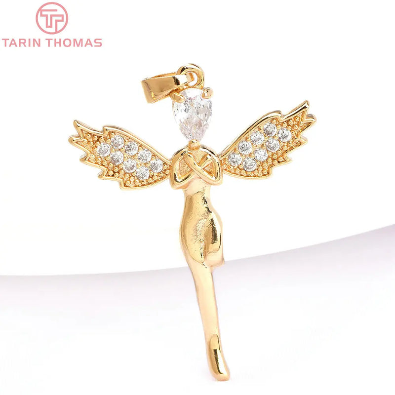 4PCS 24K Brass Zircon Angel Shaped Pendants DIY Jewelry Findings