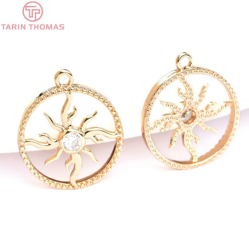 6PCS 14MM 24K Brass Zircon Sun Flower Charms Pendants DIY Jewelry Findings