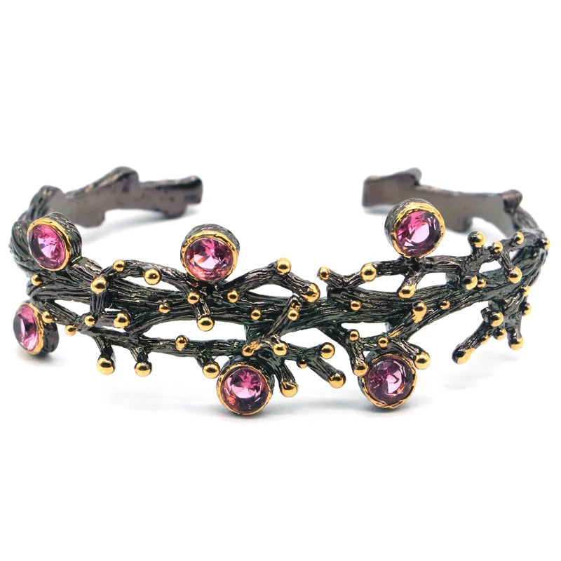 Unique Gothic Cuff Bangle Bracelet with Tourmaline, Tananite, Morganite