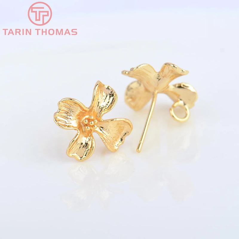 6PCS 12x13.5MM 24K Brass Flower Stud Earrings DIY Jewelry Findings
