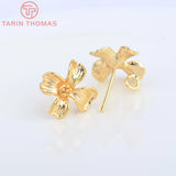6PCS 12x13.5MM 24K Brass Flower Stud Earrings DIY Jewelry Findings