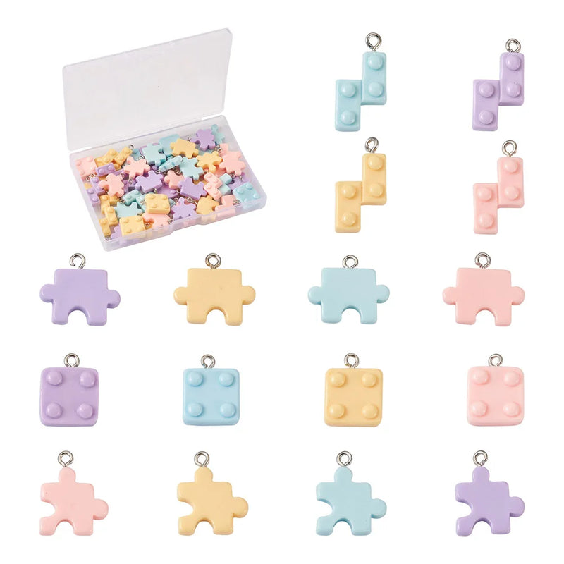 64Pcs Plastic Puzzle Piece Charms with Iron Loop Mixed DIY Jewelry Making
