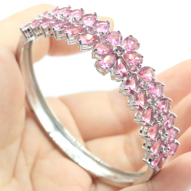 Pink Tourmaline Women Engagement Silver Bracelet 7.5inch Drop