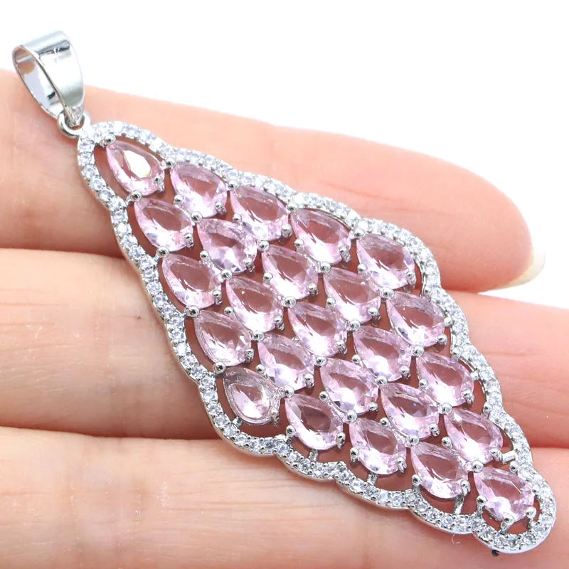 Pink Kunzite Pink Tourmaline CZ Women Silver Pendant Drop