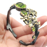 Unique Gothic Cuff Bangle Bracelet with Green Peridot and Rhodolite Garnet