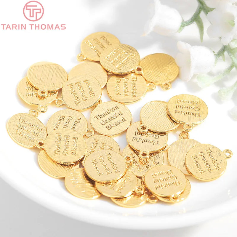 10PCS 11x13MM 24K Brass Round Letter Charms Pendants DIY Jewelry Findings