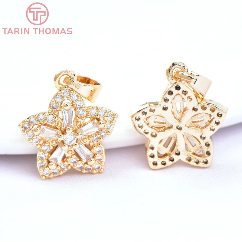 4PCS 12.5x13.5MM 24K Brass Zircon Flower Charms Pendants