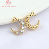 4PCS 12x10x3MM Brass Zircon 1 2 Holes Moon Charms Pendants 24K Plated