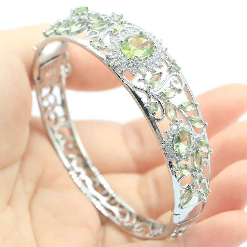 Green Amethyst CZ Silver Bangle Bracelet 7.5in