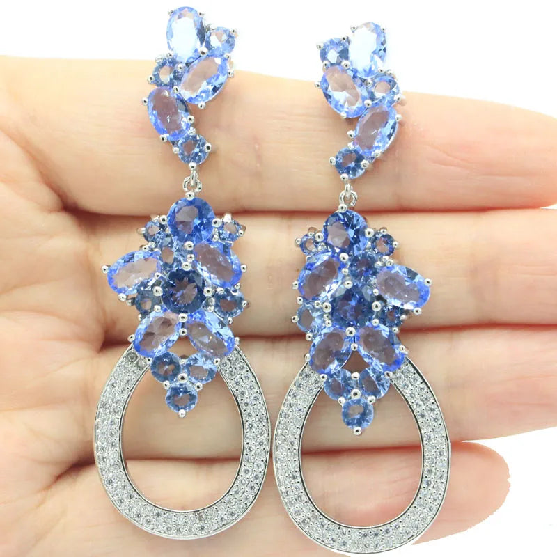 66x23mm Long Big 20g Violet Tanzanite Pink Kunzite CZ Women Silver Earrings Drop