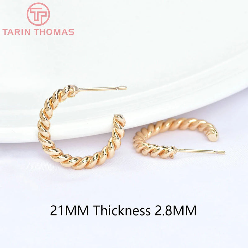 4PCS 21MM 26MM 24K Brass Round Weave Stud Earrings