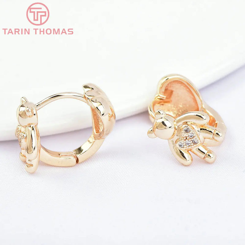 4PCS 15x13MM 24K Brass Zircon Bear Heart Earring Clasp DIY Jewelry Findings