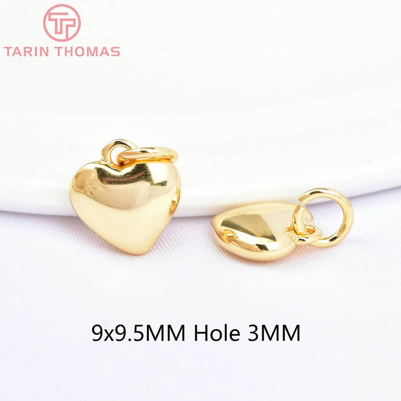 6PCS 10MM 18K Brass Heart Charms Pendants for DIY Jewelry Making