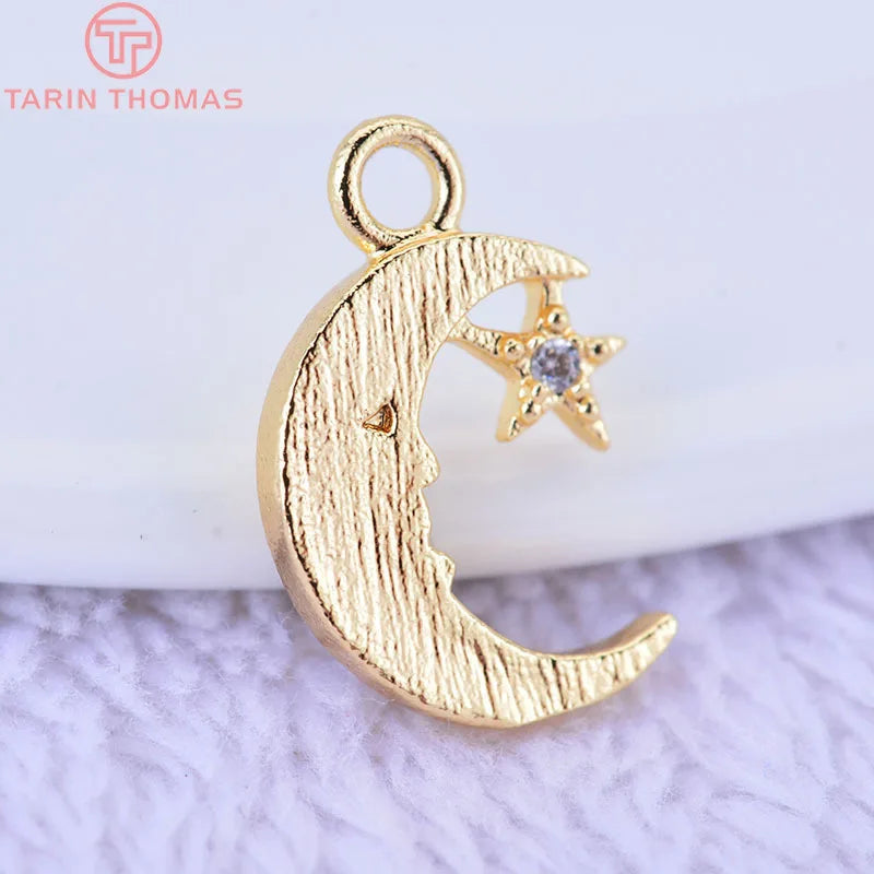 6PCS 13x9MM 24K Brass Zircon Moon Star Pendants Charms DIY Jewelry Findings