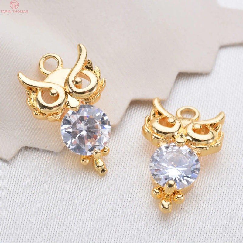 6PCS 17x10MM 24K Brass Zircon Owl Pendants Charms DIY Jewelry Findings