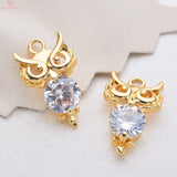 6PCS 17x10MM 24K Brass Zircon Owl Pendants Charms DIY Jewelry Findings