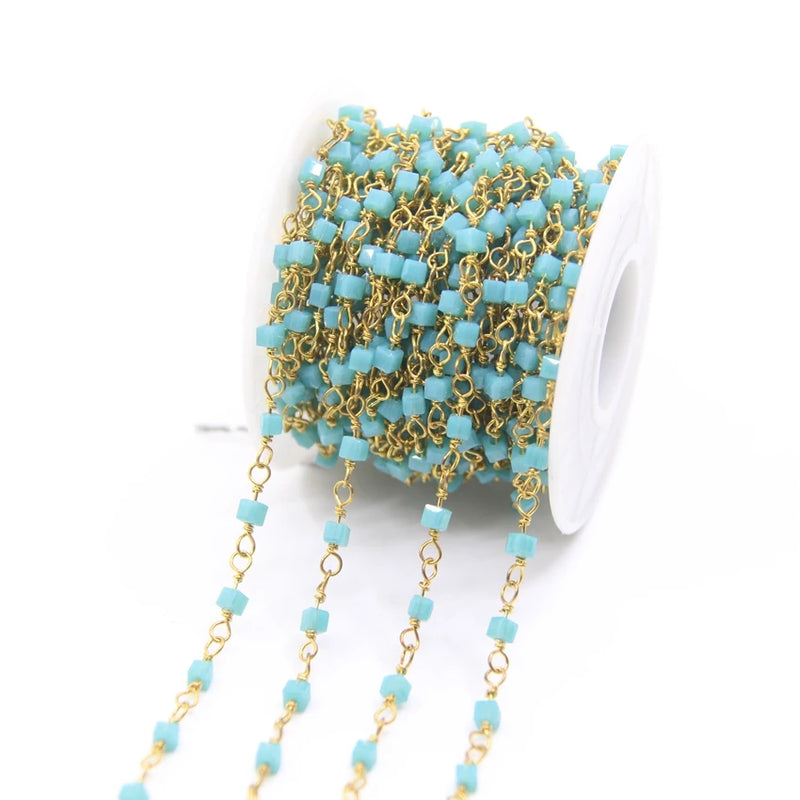3mm Glass Cube Beads Rosary Chains, Brass Wire Wrapped Glass Beaded Link Chains