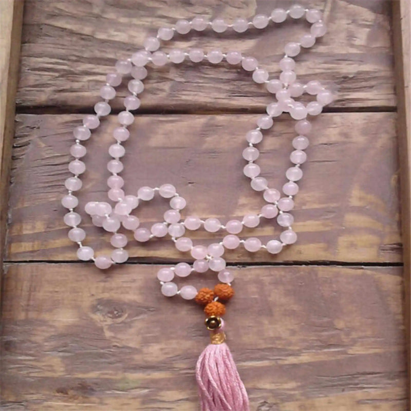 6MM 108 Rose Quartz Natural Necklace Buddhist Prayer Beads Yoga Silver Reiki