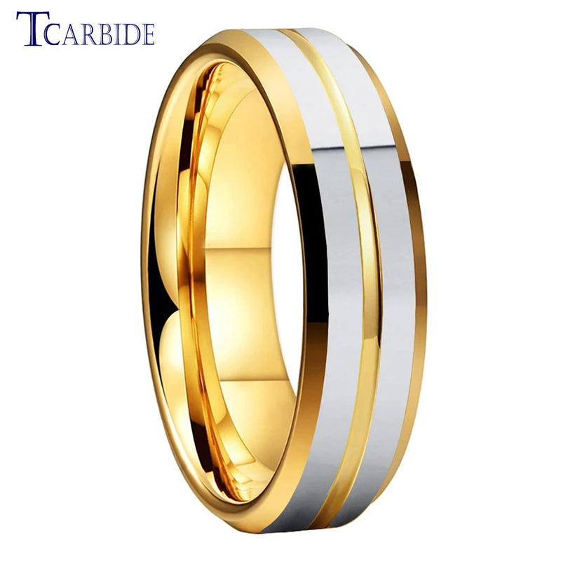 6MM 8MM Tungsten Wedding Band Yellow Center Groove Polished Finish