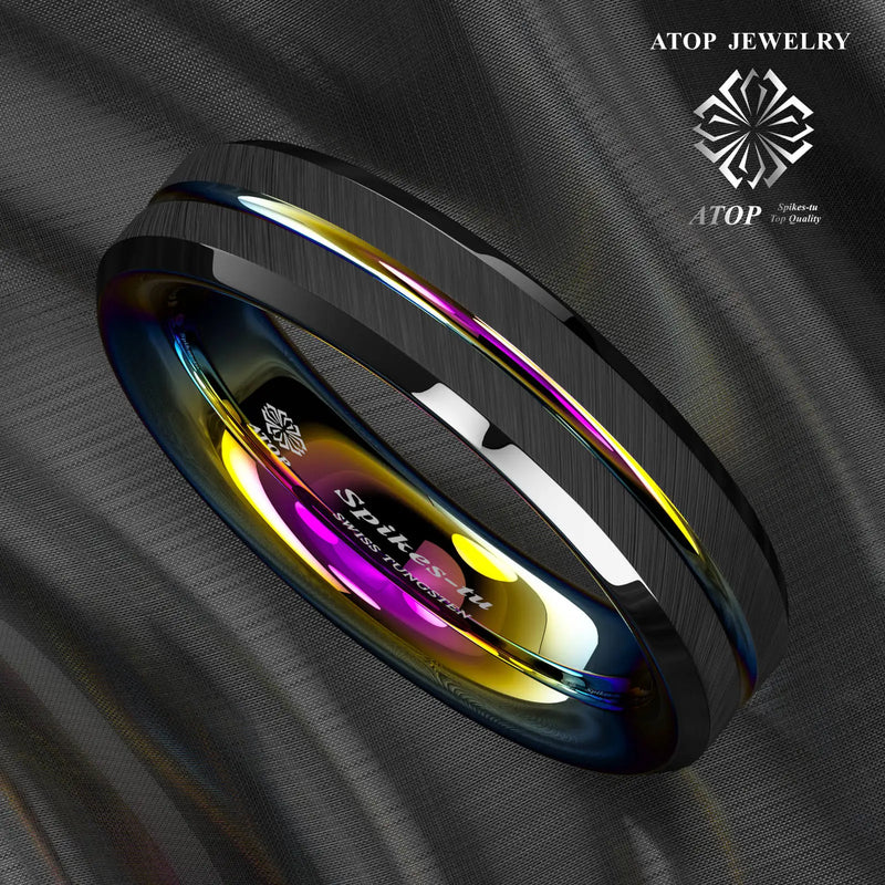 6MM Brushed Tungsten Carbide Ring Rainbow Line Wedding Band Men