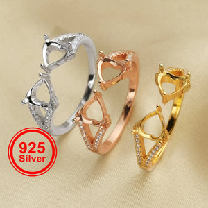 6MM Double Heart Prong Ring Settings Solid 925 Sterling Silver Rose Plated