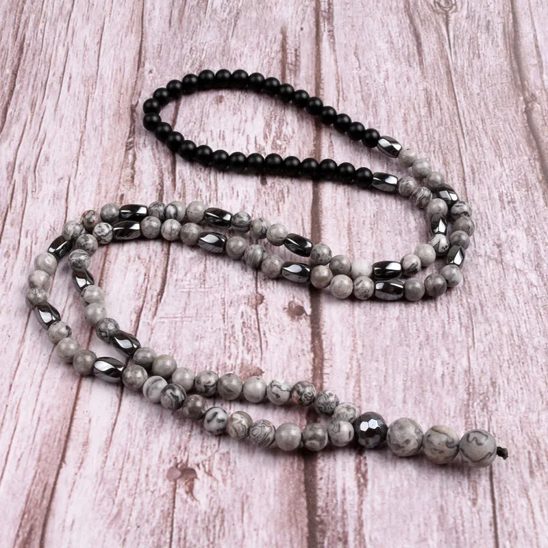 Gray Map Stone Hematite Bead Necklace Men