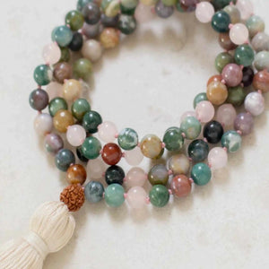 6MM Indian Agate Pink Rose Quartz Brown Rudraksha 108 Knot Necklace