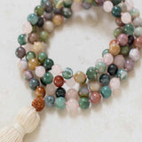 6MM Indian Agate Pink Rose Quartz Brown Rudraksha 108 Knot Necklace