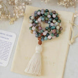 6MM Indian Agate Pink Rose Quartz Brown Rudraksha 108 Knot Necklace
