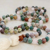 6MM Indian Agate Pink Rose Quartz Brown Rudraksha 108 Knot Necklace