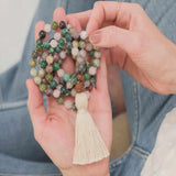 6MM Indian Agate Pink Rose Quartz Brown Rudraksha 108 Knot Necklace