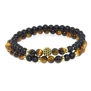 6MM Double Layer Stone Bead Bracelet with Pave Charms Stretch Style