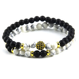6MM Double Layer Stone Bead Bracelet with Pave Charms Stretch Style