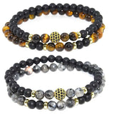 6MM Double Layer Stone Bead Bracelet with Pave Charms Stretch Style