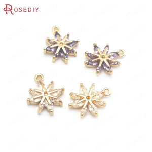 6PCS 10x12MM Champagne Brass Zircon Flower Snowflake Charms Pendants