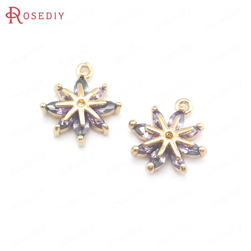6PCS 10x12MM Champagne Brass Zircon Flower Snowflake Charms Pendants