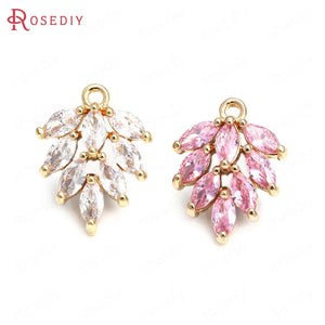 6PCS Brass Zircon Tree Leaf Charms Pendants